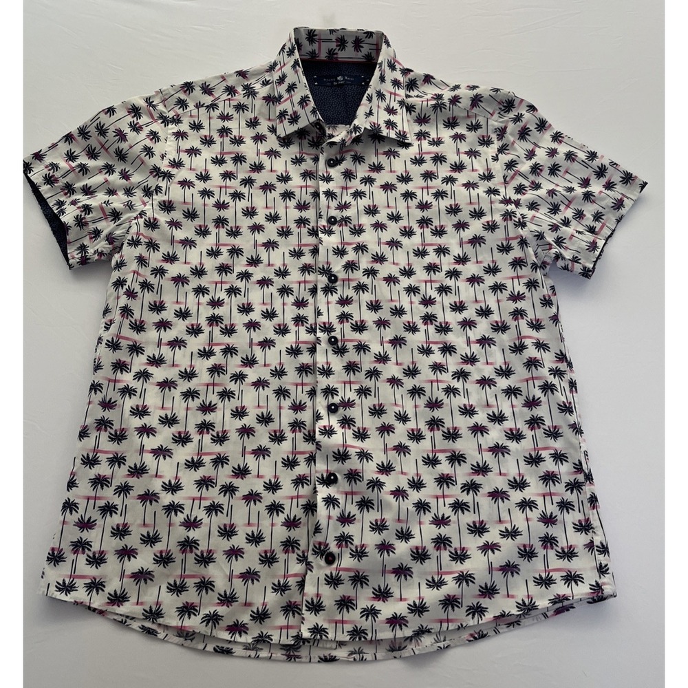 Stone Rose Mens Palm Tree Button Up Shirt M Short Sleeve White Pink BCN 9315